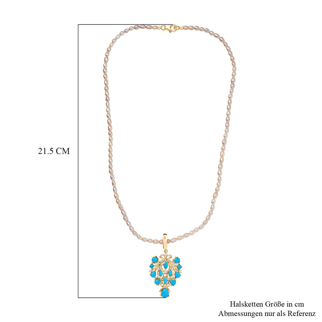D joy Sleeping Beauty Türkis, Weiße Süßwasserperle Anhänger mit Kette, 925 Silber 750 Gelbgold Vermeil
