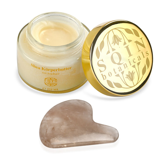 Shea Körperbutter mit Jojobaöl inkl. Rauchquarz Gua Sha, 225 ml