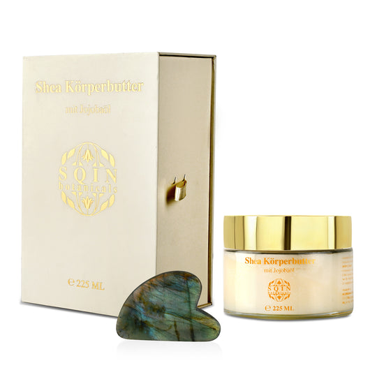 Shea Körperbutter mit Jojobaöl inkl. Opalit Gua Sha, 225 ml