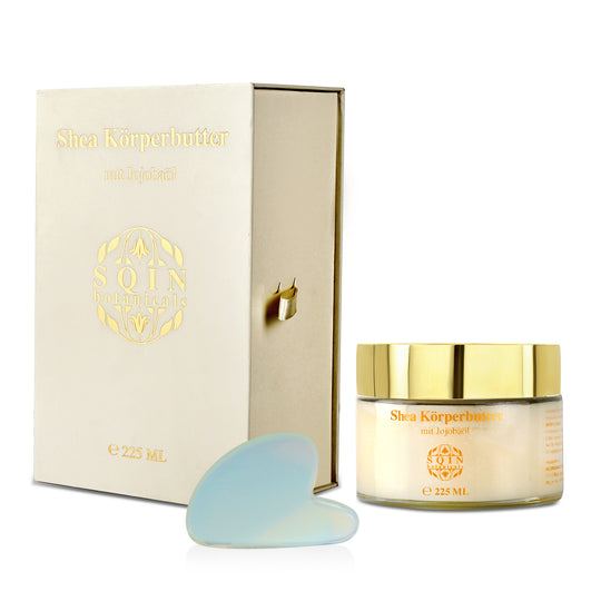Shea Körperbutter mit Jojobaöl inkl. Opalit Gua Sha, 225 ml