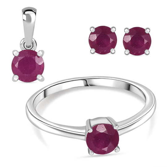 3er Set - D'Joy Afrikanischer Rubin (Fissure gefüllt) Ohrringe, Ring und Anhänger, 925 Silber rhodiniert (Größe 16) ca. 1.84 ct