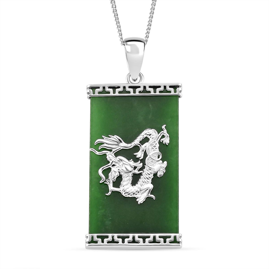 Grüne Jade Drachen-Anhänger mit Kette, 925 Silber rhodiniert, ca. 17.24 ct