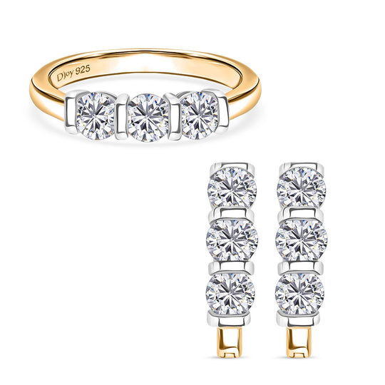 2er Set - Moissanit Ring und Ohrringe, 925 Silber, bicolor, (Größe 20.00) ca. 2,03 ct.