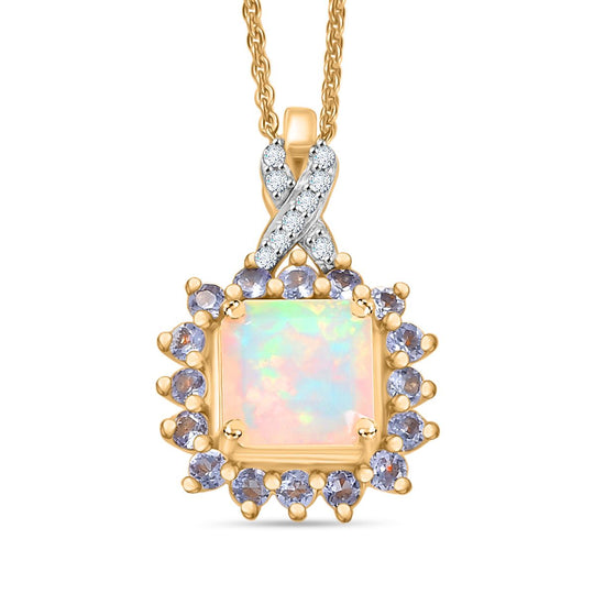 Opal Radiance - D joy Natürlicher, äthiopischer Welo Opal, Tansanit Starlit Anhänger mit Kette ca. 50 cm, 925 Silber 750 Gelbgold Vermeil ca. 1.63 ct