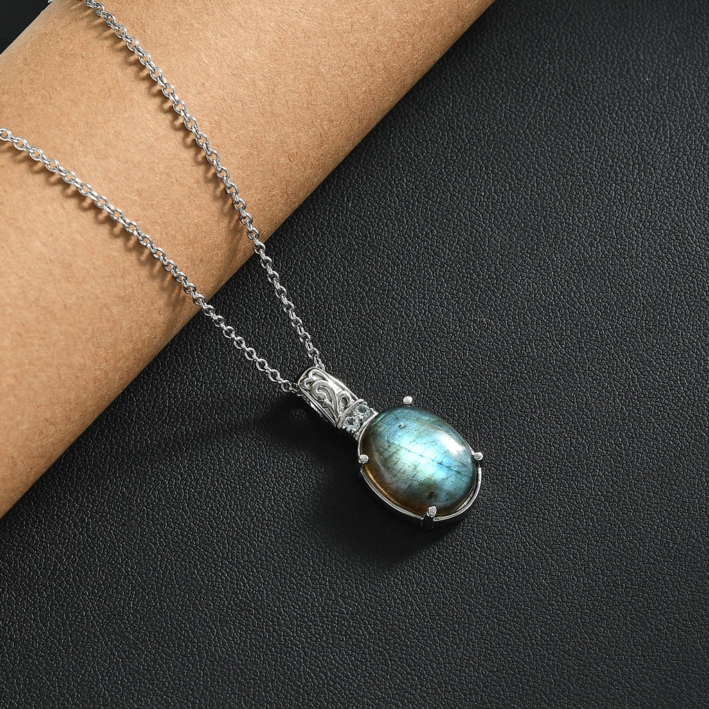 Labradorit, Himmelblauer Topas Anhänger mit Kette, Edelstahl ca. 11.10 ct