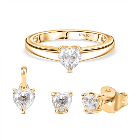 3er Set - D'Joy Moissanit Ohrringe, Ring und Anhänger, 925 Silber 750 Gelbgold Vermeil (Größe 21) ca. 1.46 ct