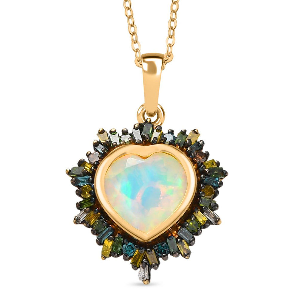 Bloom Heart- D joy Natürlicher, äthiopischer Welo Opal, Natürlicher Mehrfarbiger Diamant Anhänger mit Kette ca. 50 cm, 925 Silber 750 Gelbgold Vermeil ca. 2.05 ct