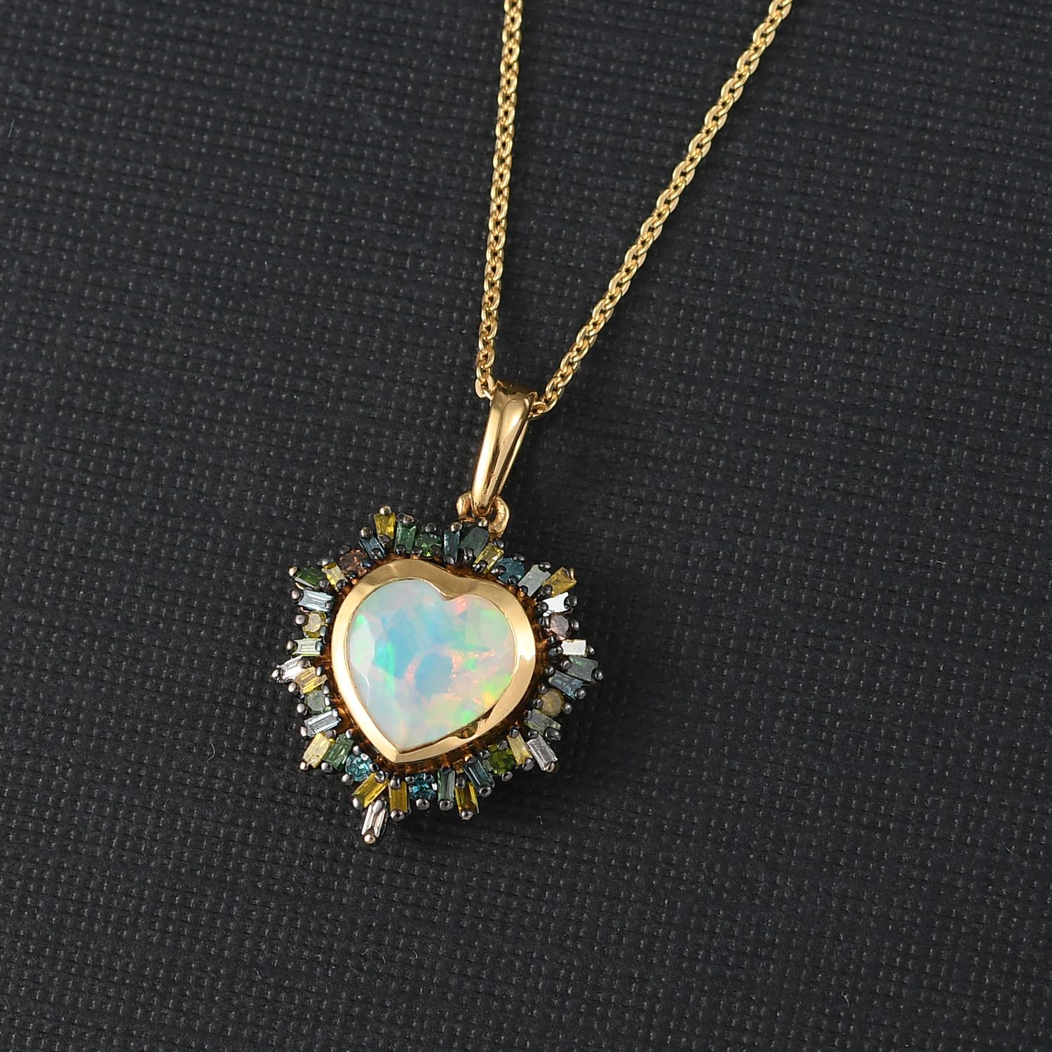 Bloom Heart- D joy Natürlicher, äthiopischer Welo Opal, Natürlicher Mehrfarbiger Diamant Anhänger mit Kette ca. 50 cm, 925 Silber 750 Gelbgold Vermeil ca. 2.05 ct
