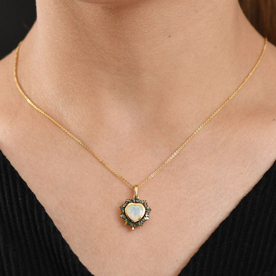 Bloom Heart- D joy Natürlicher, äthiopischer Welo Opal, Natürlicher Mehrfarbiger Diamant Anhänger mit Kette ca. 50 cm, 925 Silber 750 Gelbgold Vermeil ca. 2.05 ct