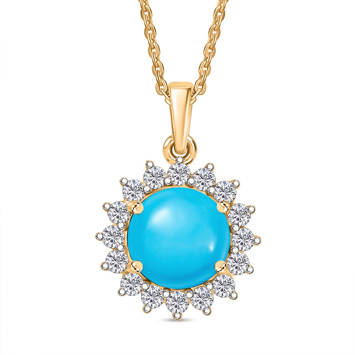 D joy AA Sleeping Beauty Türkis, Weißer Zirkon Anhänger mit Kette, 925 Silber 750 Gelbgold Vermeil ca. 3.08 ct