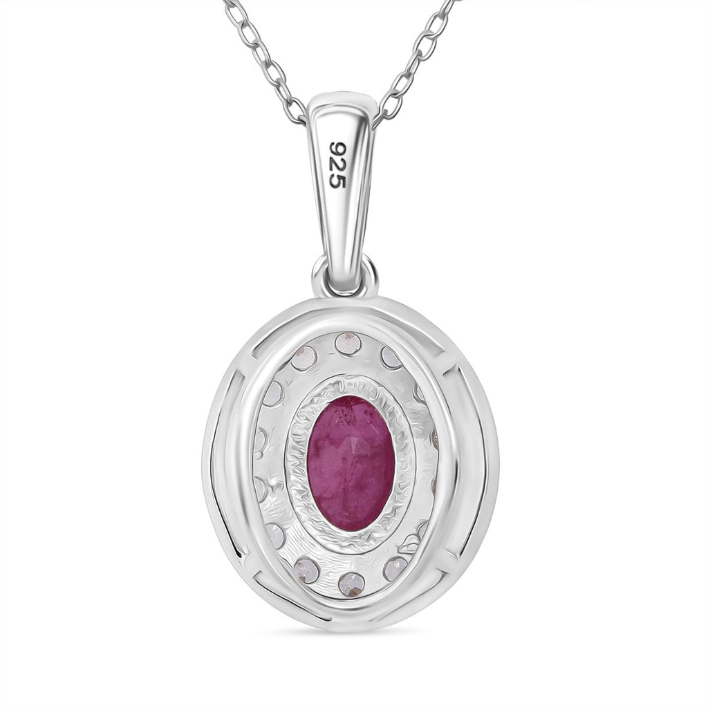 Natürlicher burmesischer Rubin, Weißer Zirkon Anhänger mit Kette ca. 50 cm, 925 Silber rhodiniert ca. 1.29 ct