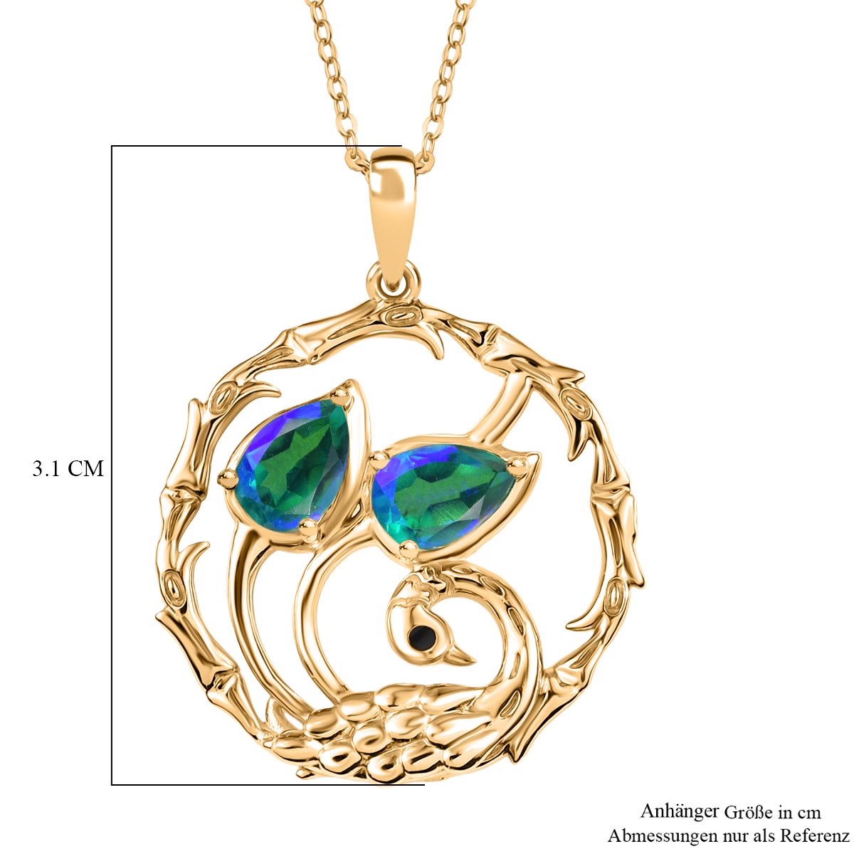 D'joy Pfau Quarz Triplette Anhänger mit Kette (ca. 45cm), 925 Silber 750 Gelb Vergoldet ca. 1.48 ct