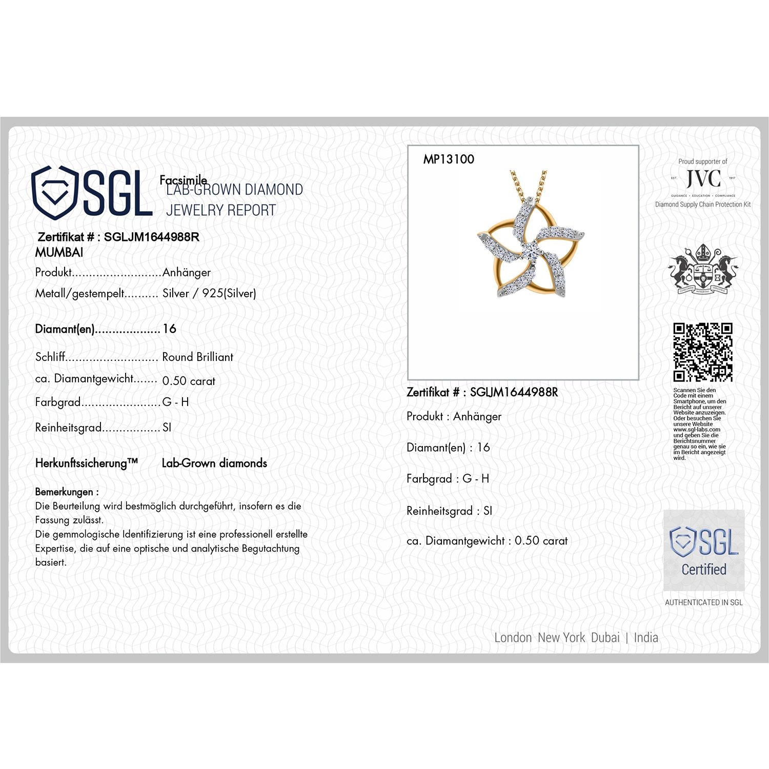 LUXURIANT DIAMOND - Lab Grown Diamant SI-GH SGL zertifiziert Anhänget mit Kette (ca. 50cm), 925 Silber 750 Gelbgold Vermeil ca. 0.50 ct