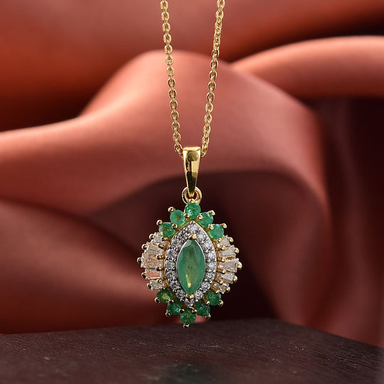D'joy AAA Kagem Sambischer Smaragd, Moissanit Anhänger mit Kette, 925 Silber 750 Gelbgold Vermeil ca. 2.11 ct