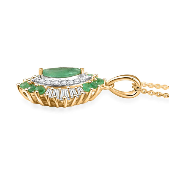 D'joy AAA Kagem Sambischer Smaragd, Moissanit Anhänger mit Kette, 925 Silber 750 Gelbgold Vermeil ca. 2.11 ct