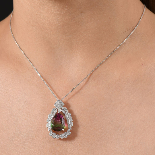 Garden Grace - D'joy Wassermelonen Quarz Triplette, Weißer Zirkon Anhänger mit Kette ca. 45 cm, 925 Silber rhodiniert ca. 11.36 ct