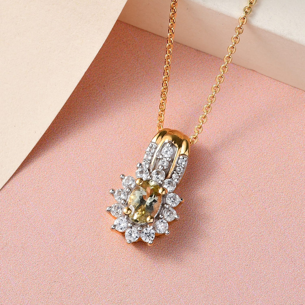 Natürlicher goldener Tansanit und weißer Zirkon Anhänger mit Kette, 925 Silber Gelbgold Vermeil ca. 0.85 ct