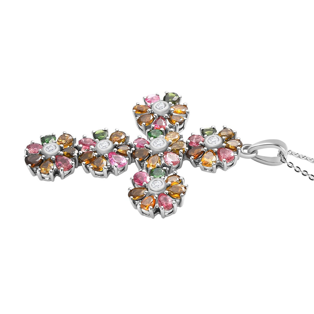 Natürlicher, mehrfarbiger-Turmalin, weißer Zirkon Anhänger mit Kette, 925 Silber platiniert ca. 6.26 ct