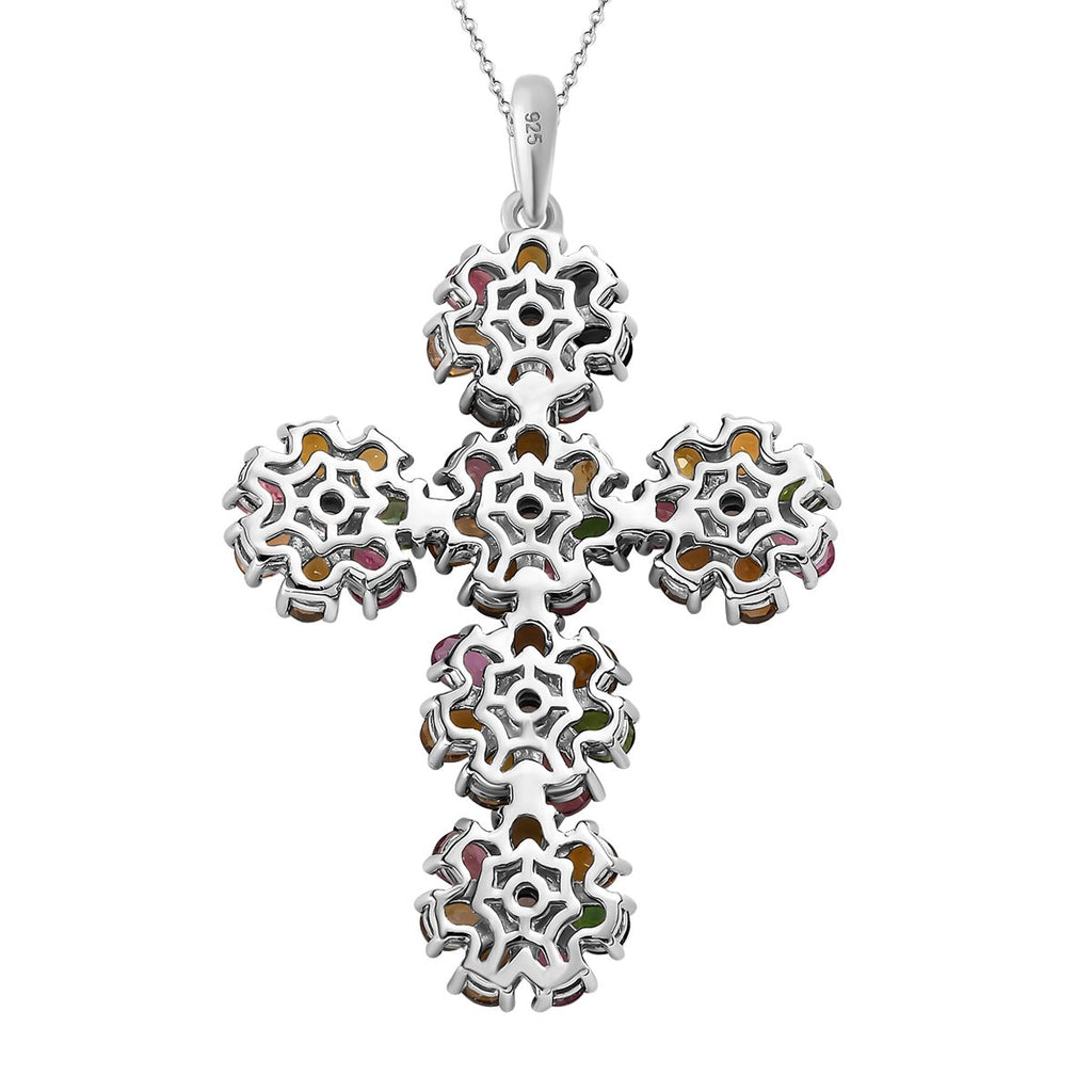 Natürlicher, mehrfarbiger-Turmalin, weißer Zirkon Anhänger mit Kette, 925 Silber platiniert ca. 6.26 ct