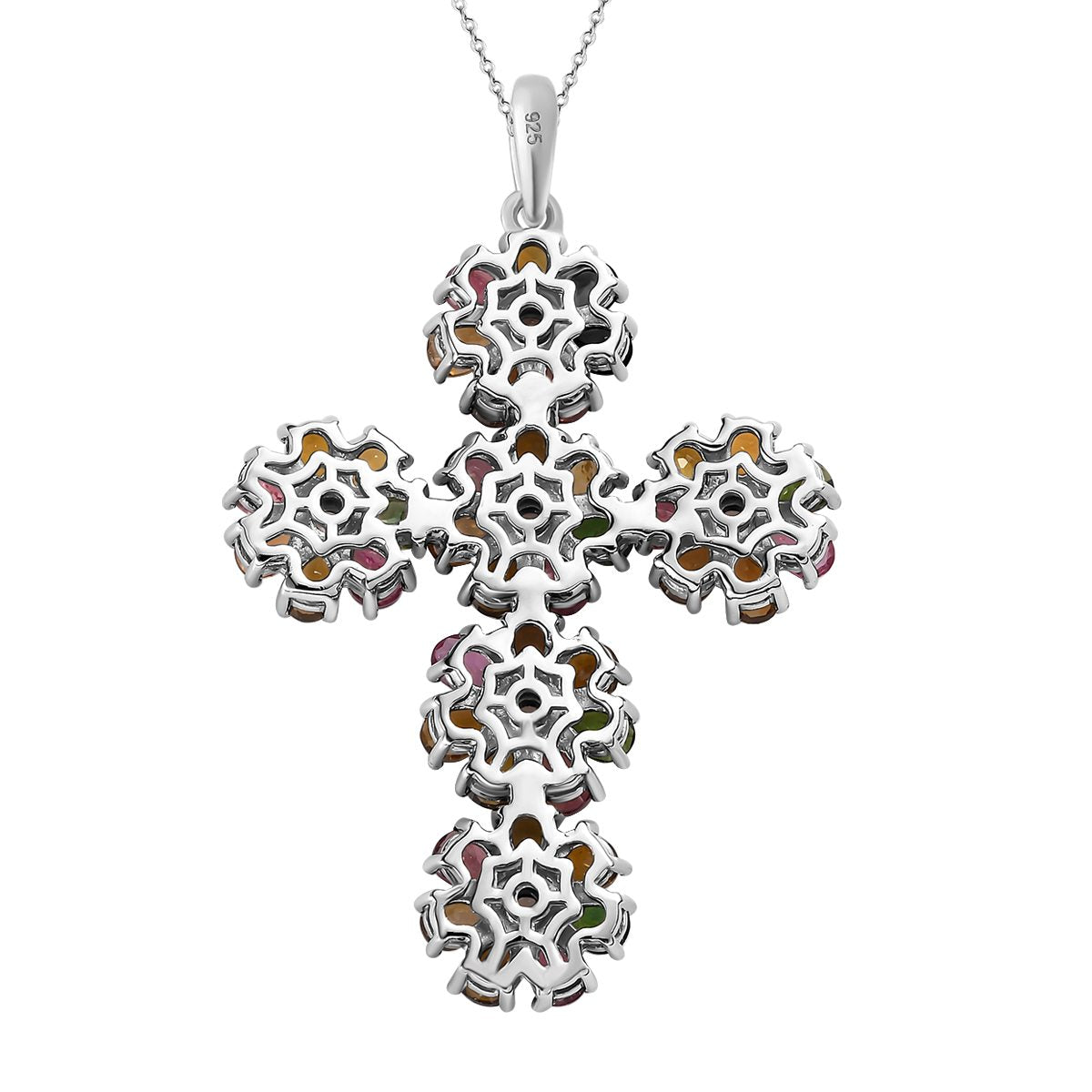 Natürlicher, mehrfarbiger-Turmalin, weißer Zirkon Anhänger mit Kette, 925 Silber platiniert ca. 6.26 ct