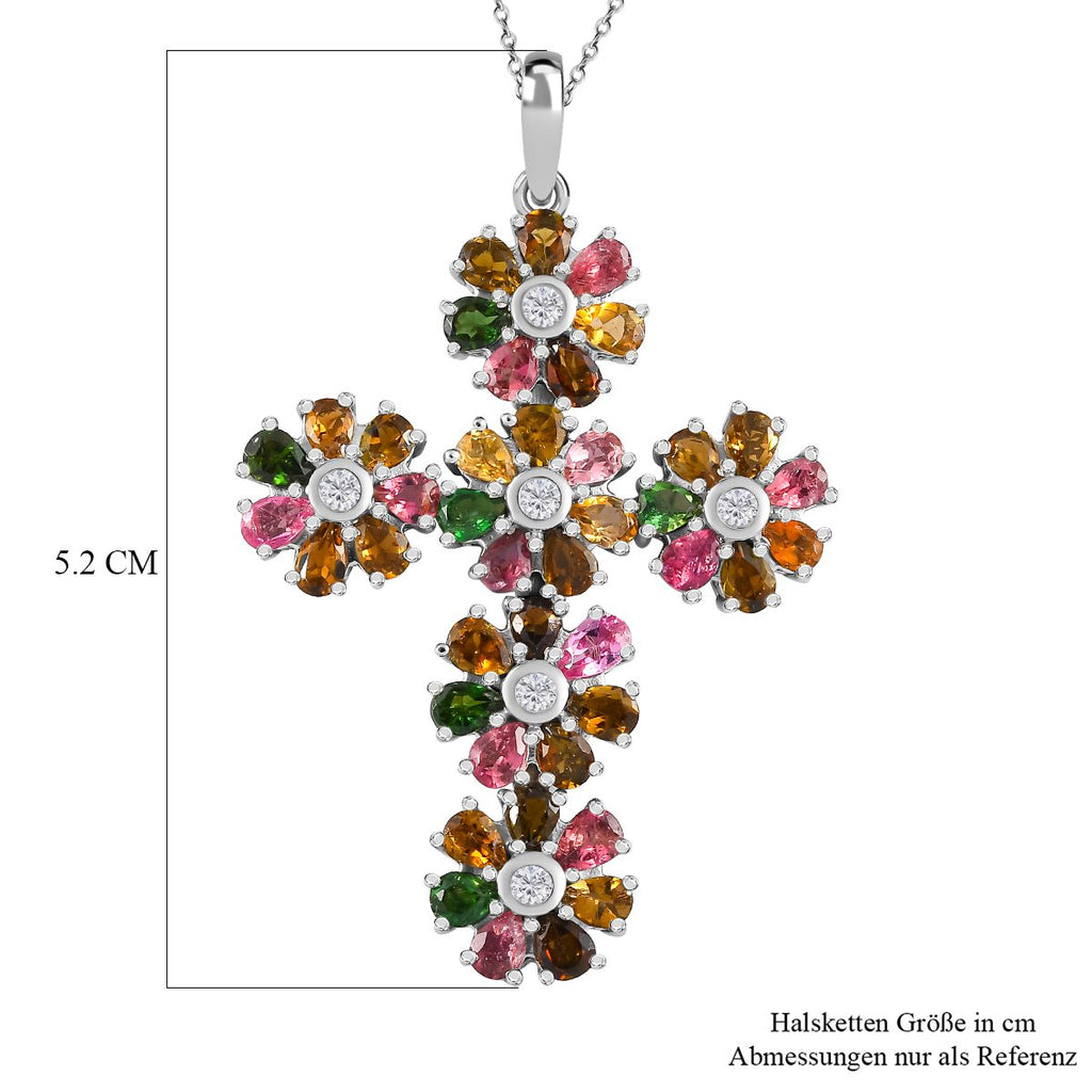 Natürlicher, mehrfarbiger-Turmalin, weißer Zirkon Anhänger mit Kette, 925 Silber platiniert ca. 6.26 ct