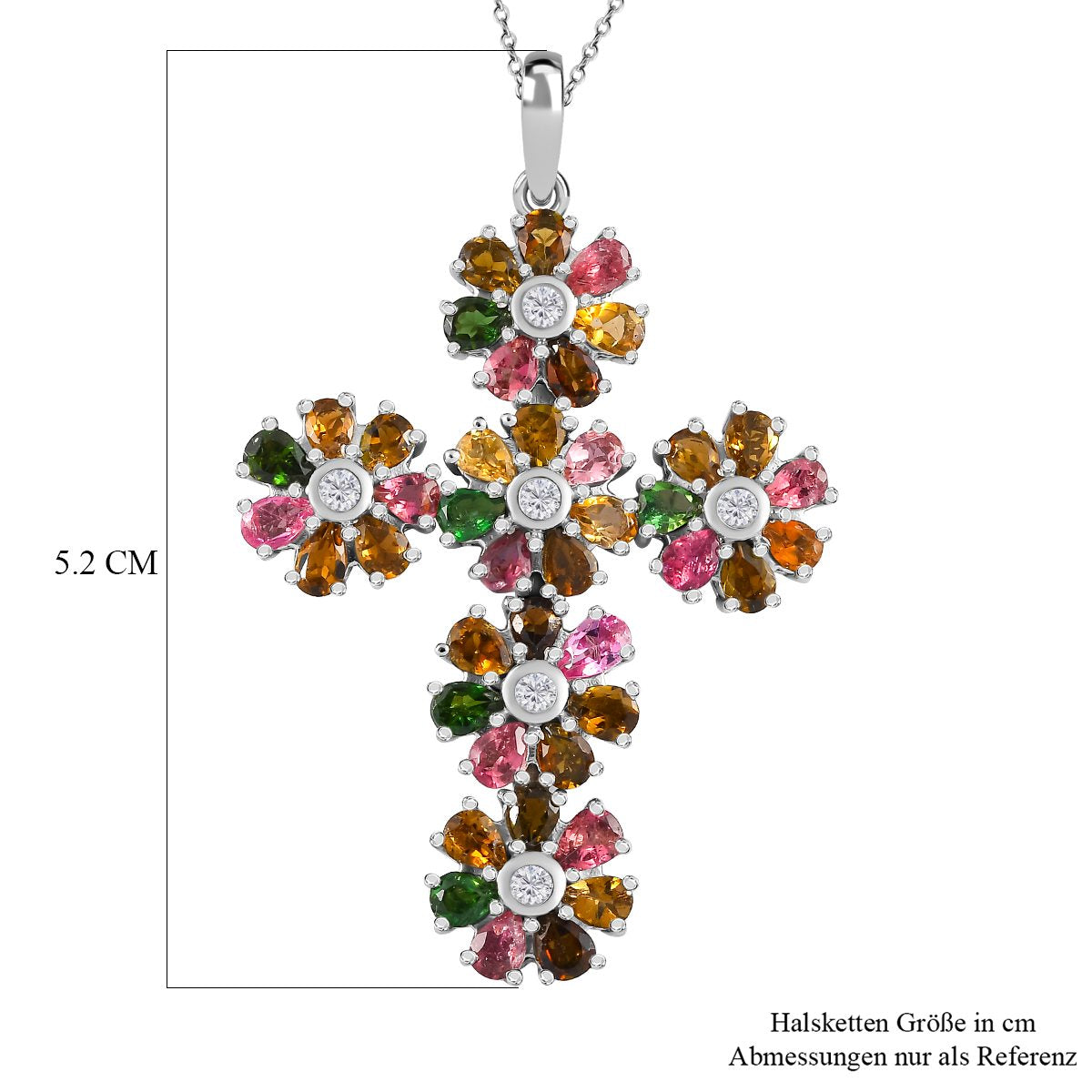 Natürlicher, mehrfarbiger-Turmalin, weißer Zirkon Anhänger mit Kette, 925 Silber platiniert ca. 6.26 ct