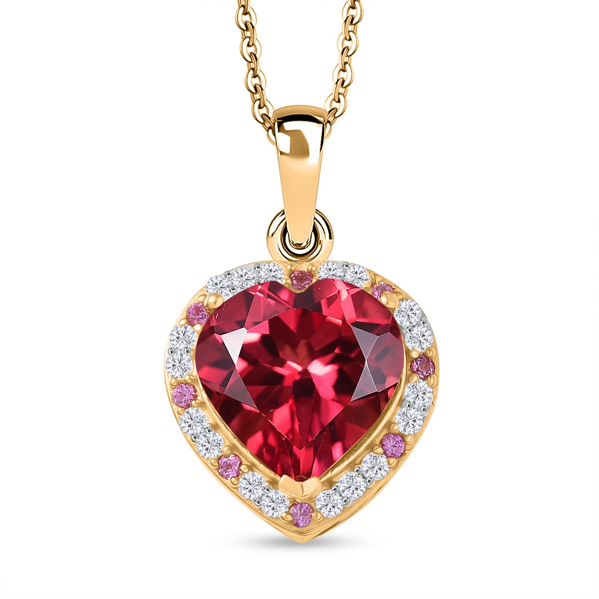 Flame of Grace - D joy Lab Created Padparadscha-Saphir , Moissanit Anhänger mit Kette, 925 Silber 750 Gelbgold Vermeil ca. 6.49 ct