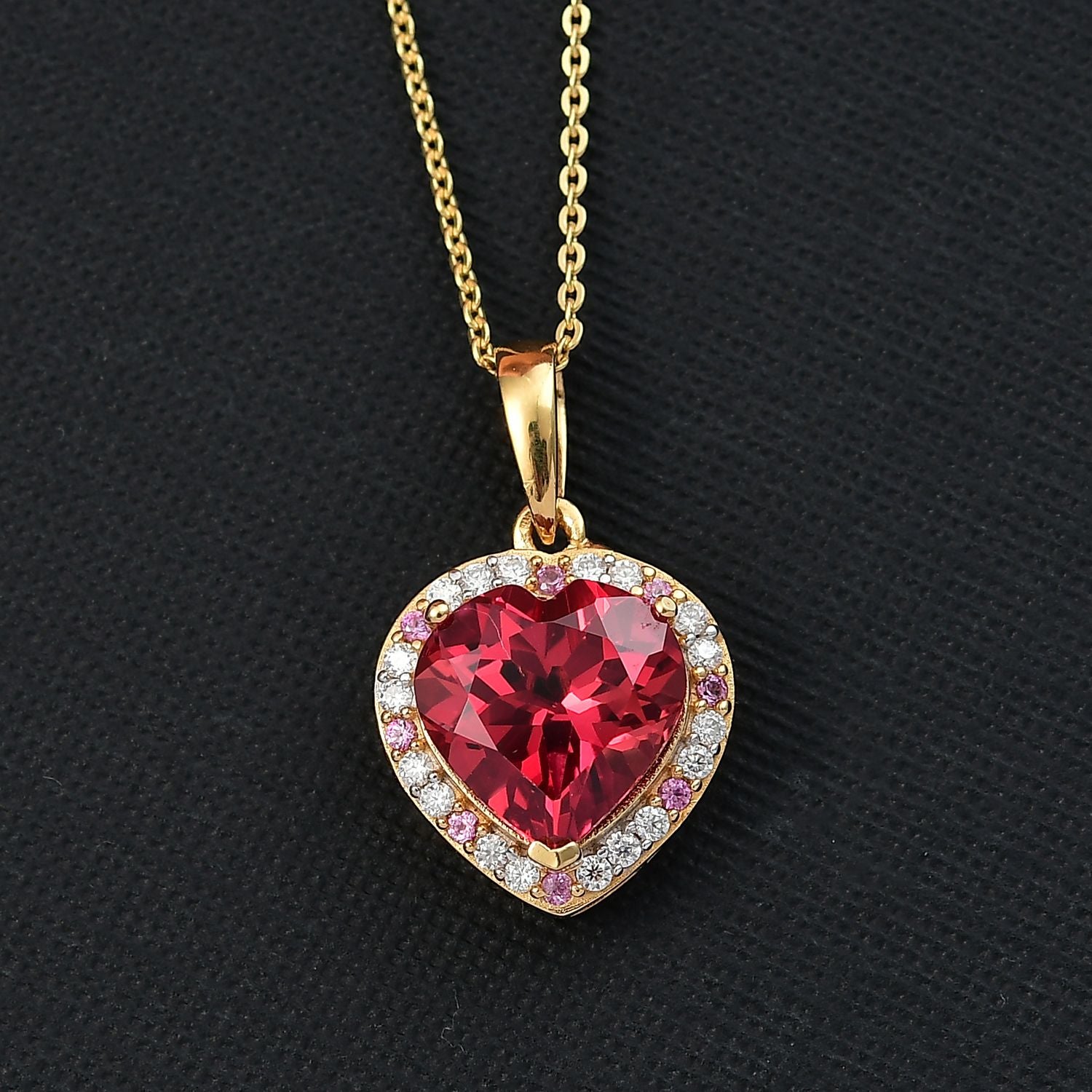 Flame of Grace - D joy Lab Created Padparadscha-Saphir , Moissanit Anhänger mit Kette, 925 Silber 750 Gelbgold Vermeil ca. 6.49 ct