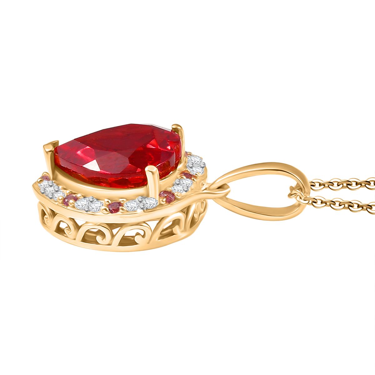 Flame of Grace - D joy Lab Created Padparadscha-Saphir , Moissanit Anhänger mit Kette, 925 Silber 750 Gelbgold Vermeil ca. 6.49 ct