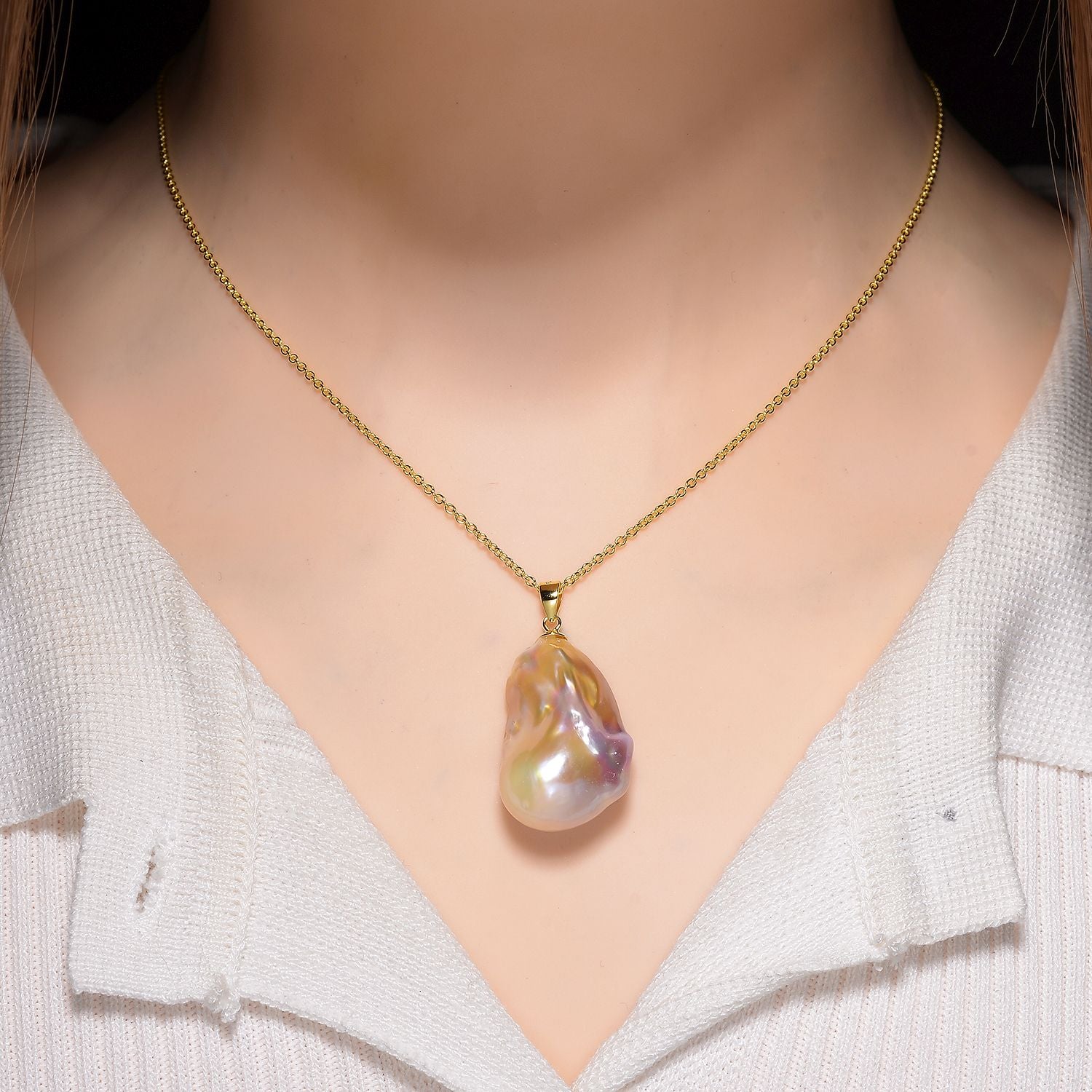 AAA mehrfarbige Süßwasser Barockperle Anhänger mit 50cm Kette, 925 Silber vergoldet