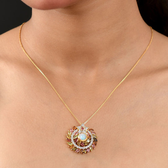 D'joy AA Natürlicher, äthiopischer Welo Opal, Mehrfarbig-Turmalin Schmuckset ca. 50 cm, 925 Silber 750 Gelbgold Vermeil ca. 5.54 ct