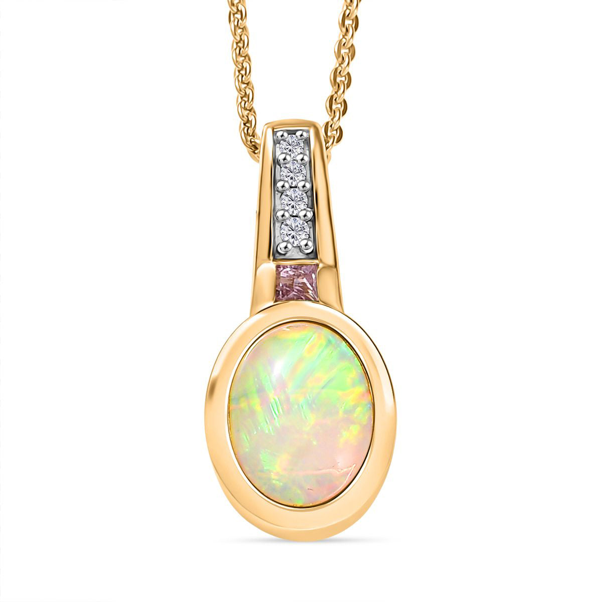 D joy Natürlicher, äthiopischer Welo Opal, Rosa Saphir Anhänger mit Kette, 925 Silber vergoldet ca. 1.32 ct