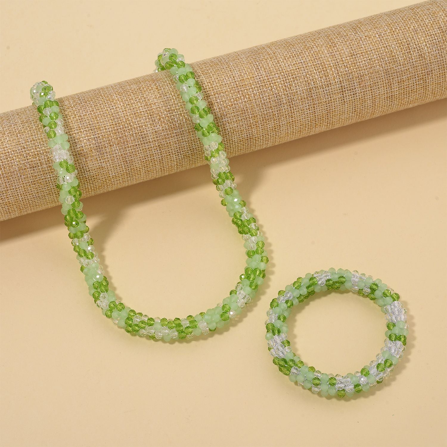 2er Set - Weißer Kristall Halskette und Armband, Grün
