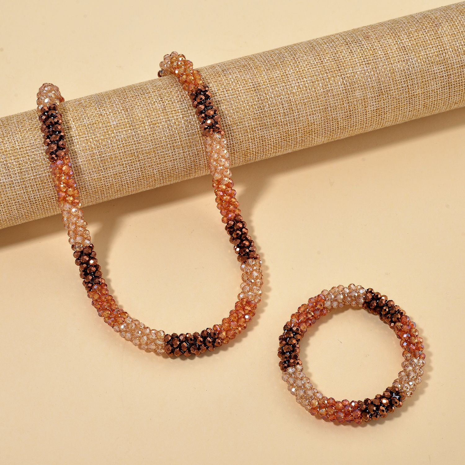 2er Set - Mehrfarbiger Kristall Halskette und Armband, flexibel, Orange-Grün