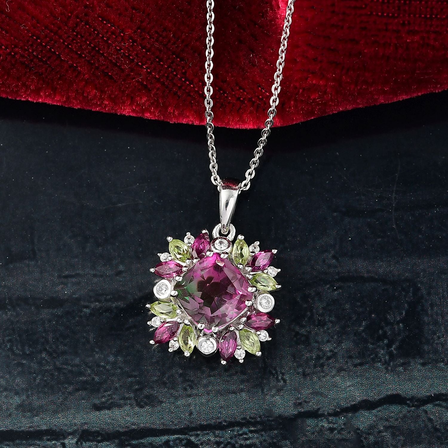 Blooming Petals - D'joy Wassermelonen Quarz Triplette, Natürlicher Rhodolith Granat Anhänger mit Kette ca. 50 cm, 925 Silber rhodiniert ca. 4.28 ct