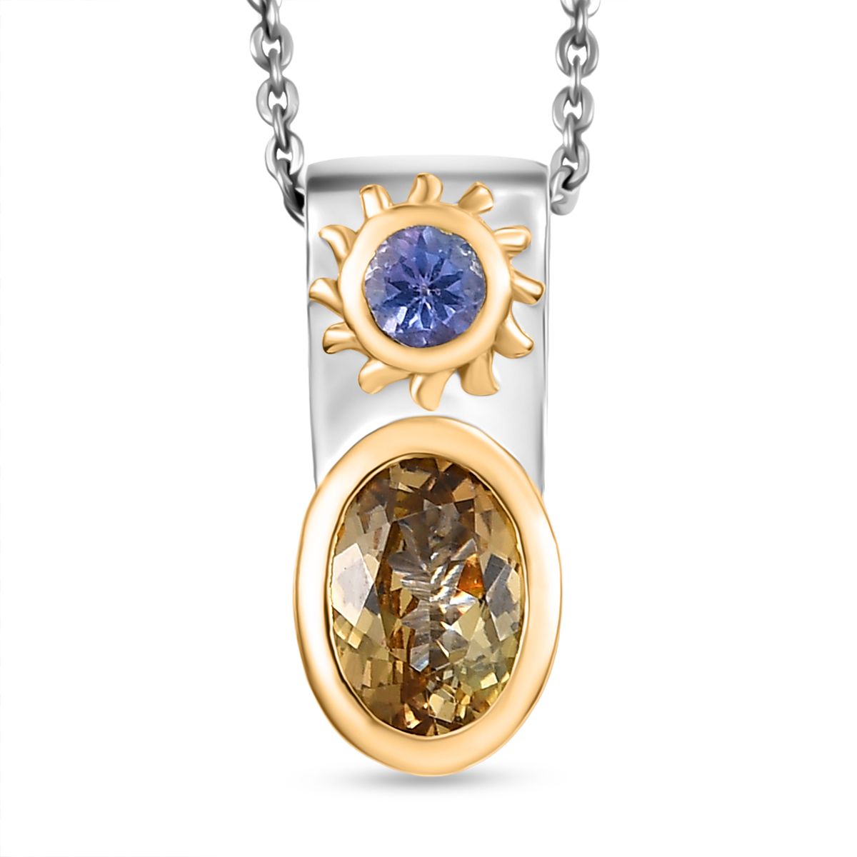 D Joy Natürlicher goldener Tansanit, Tansanit Anhänger mit Kette, 925 Silber rhodiniert, 925 Silber rhodiniert und 750 Gelbgold Vermeil ca. 0.92 ct