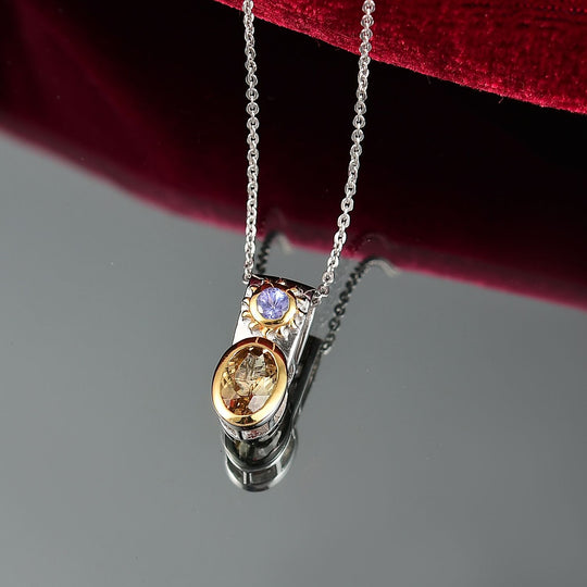 D Joy Natürlicher goldener Tansanit, Tansanit Anhänger mit Kette, 925 Silber rhodiniert, 925 Silber rhodiniert und 750 Gelbgold Vermeil ca. 0.92 ct
