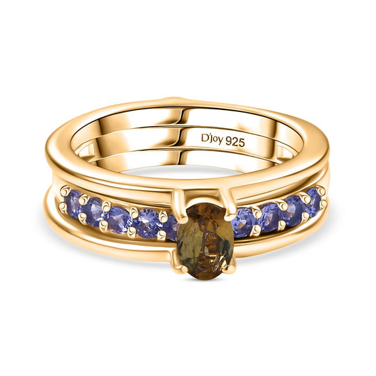 D Joy Natürlicher goldener Tansanit, Tansanit Ring Set, 925 Silber 750 Gelbgold Vermeil (Größe 20) ca. 1.07 ct