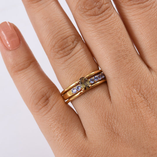 D Joy Natürlicher goldener Tansanit, Tansanit Ring Set, 925 Silber 750 Gelbgold Vermeil (Größe 20) ca. 1.07 ct
