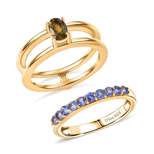 D Joy Natürlicher goldener Tansanit, Tansanit Ring Set, 925 Silber 750 Gelbgold Vermeil (Größe 20) ca. 1.07 ct