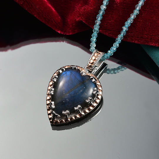 Djoy AAA Labradorit, Apatit Anhänger mit Kette, 925 Silber Bicolor rhodiniert ca. 76.99 ct