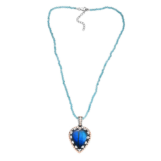 Djoy AAA Labradorit, Apatit Anhänger mit Kette, 925 Silber Bicolor rhodiniert ca. 76.99 ct