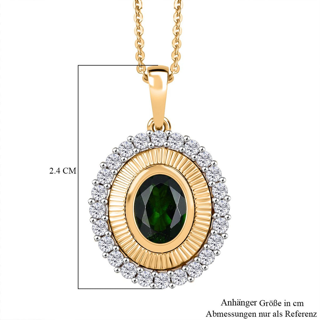 D'joy Natürlicher Chromdiopsid, Weißer Zirkon Anhänger mit Kette ca. 50 cm, 925 Silber 750 Gelbgold Vermeil ca. 2.07 ct