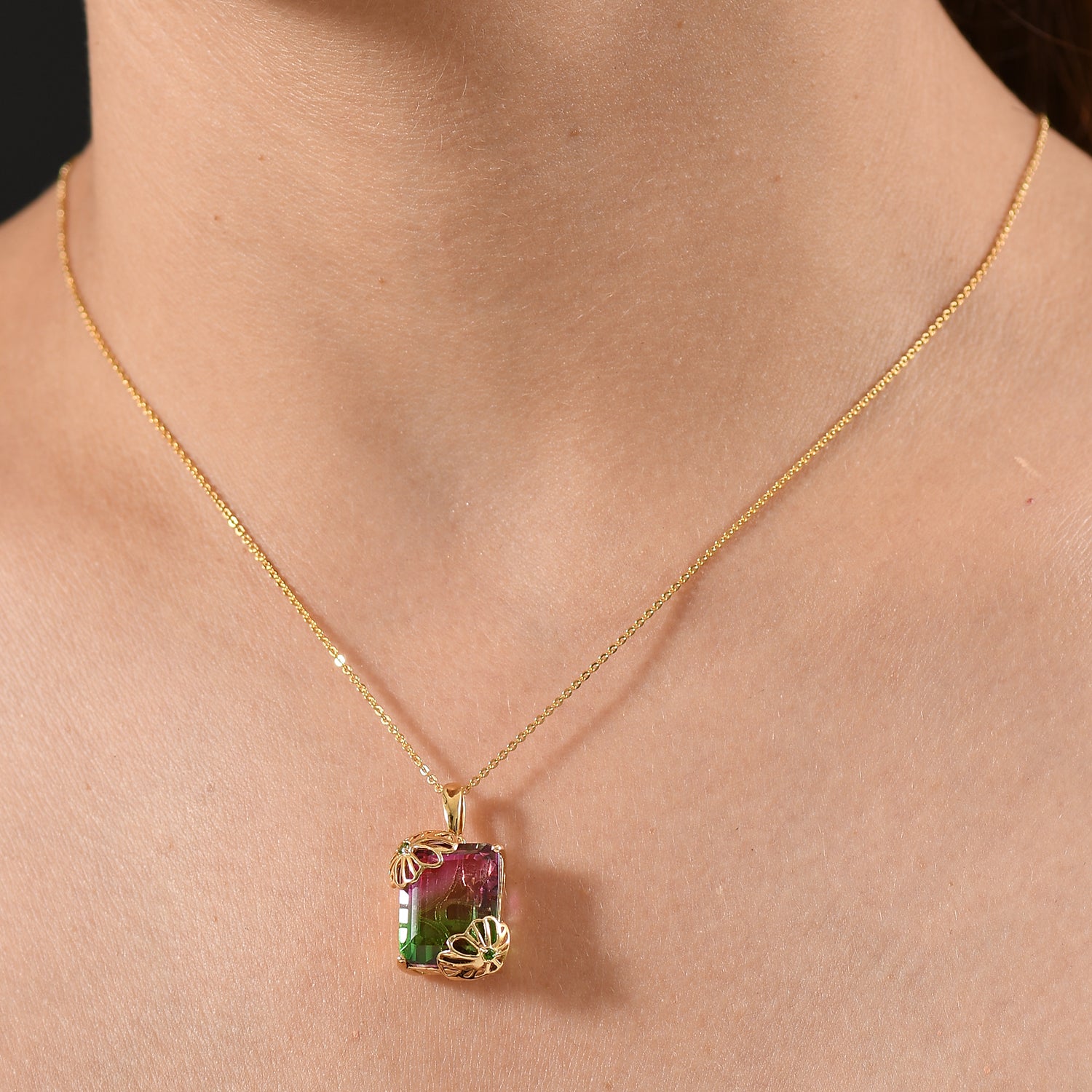 Wassermelonen Quarz Triplette, Natürlicher Chromdiopsid Anhänger mit Kette ca. 50 cm, 925 Silber 750 Gelbgold Vermeil ca. 12.73 ct