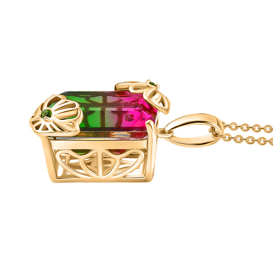Wassermelonen Quarz Triplette, Natürlicher Chromdiopsid Anhänger mit Kette ca. 50 cm, 925 Silber 750 Gelbgold Vermeil ca. 12.73 ct