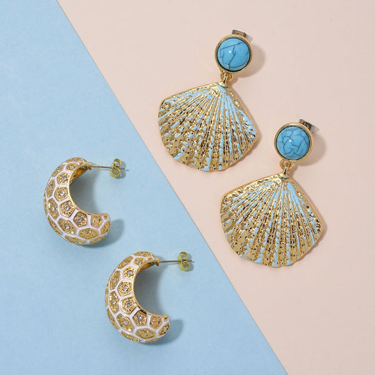 2er Set - Blauer Howlith und Weißer Kristall Ohrringe, emailliert, goldfarben