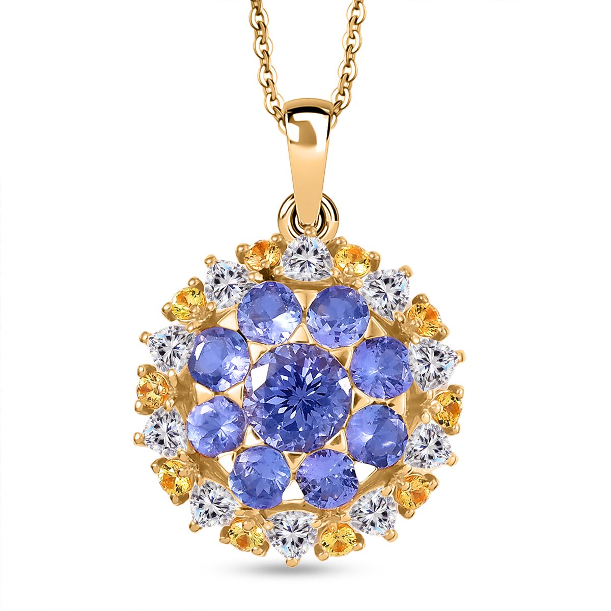 DJoy Tansanit, Moissanit und Gelber Saphir Anhänger mit Kette, 925 Silber 750 Gelbgold Vermeil ca. 4.30 ct
