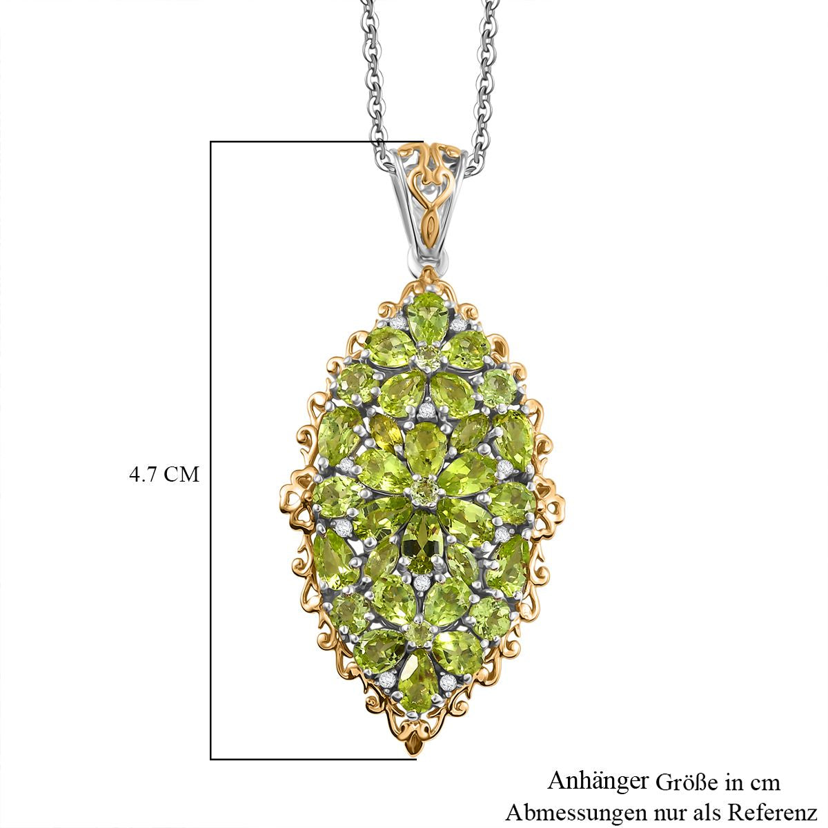 D'joy Natürlicher Peridot Anhänger mit Kette ca. 50 cm, 925 Silber Rhodiniert und 750 Gelbgold Vermeil ca. 5.59 ct