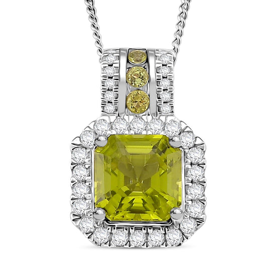 D'joy EXKLUSIVER ASSCHER SCHLIFF Natürlicher Peridot, Moissanit Anhänger mit Kette ca. 45 cm, 925 Silber rhodiniert ca. 2.18 ct