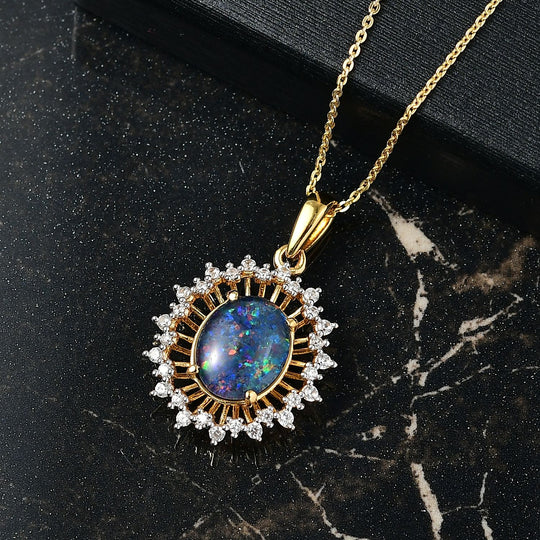 D'joy Boulder Opal Triplette, Weißer Zirkon Schmuckset ca. 50 cm 925 Silber 750 Gelbgold Vermeil ca. 2.61 ct